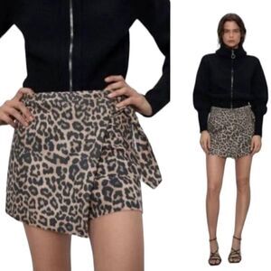 Zara Women’s XS Leopard Skort‎ Waist Tie Animal Print Shorts Neutral Tan Classic